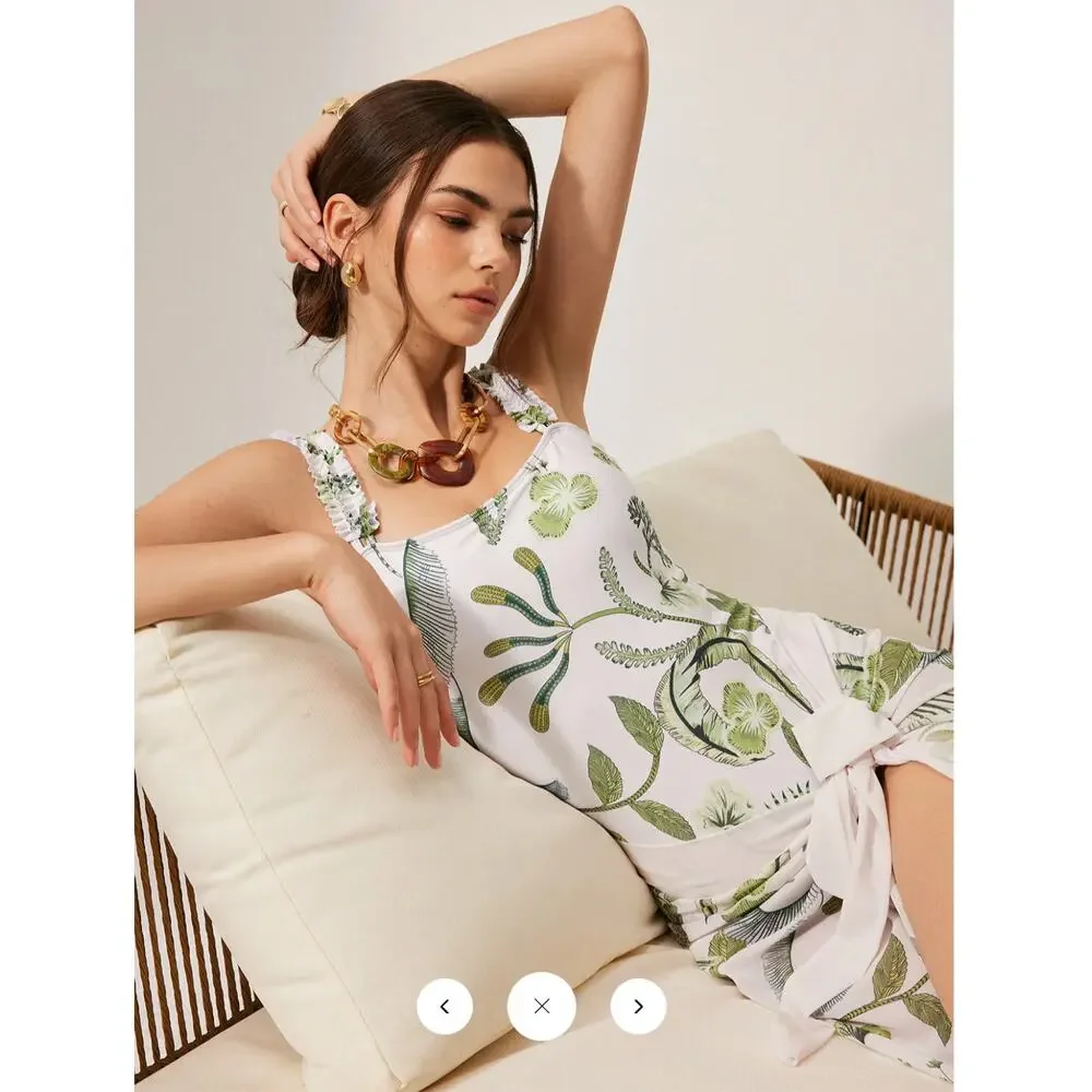 Commense Floral Print Ruffle Strap One-Piece Swimsuit and Skirt cover Up Sz L